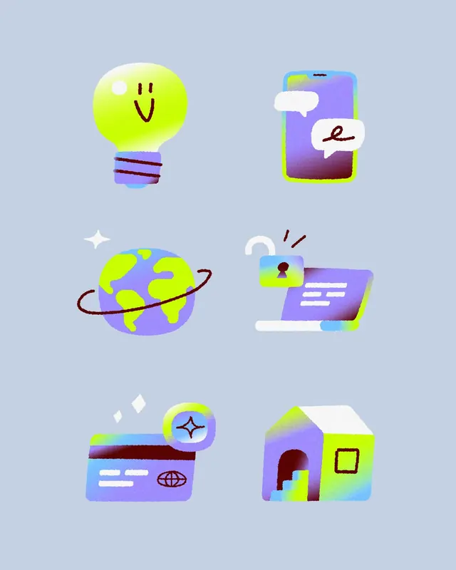 Gradient tech icon set carousel (slide 1), playful, illustrated, vibrant