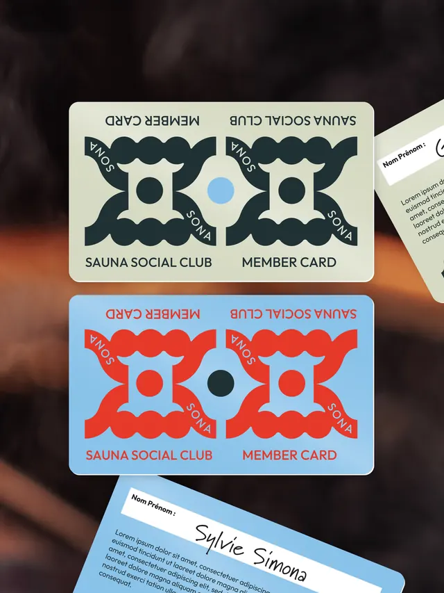SONA Sauna Social Club brand identity system (slide 12), geometric, playful, vibrant