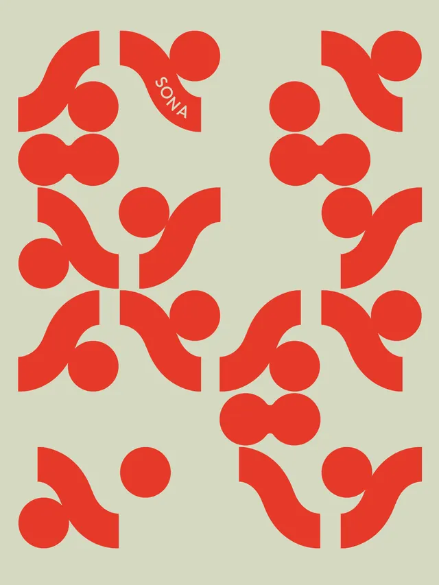 SONA Sauna Social Club brand identity system (slide 14), geometric, playful, vibrant