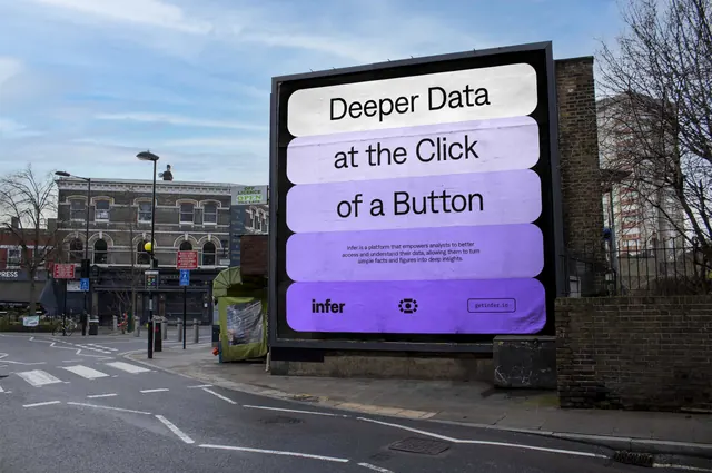 Infer billboard built from stacked gradient pill bands, geometric, minimal, light