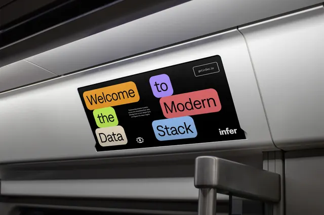 Infer subway car card with coloured word blocks, flat, geometric, dark