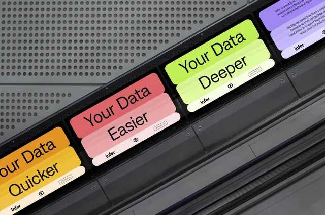Infer escalator panels repeating two-band pill lockups, geometric, flat, vibrant