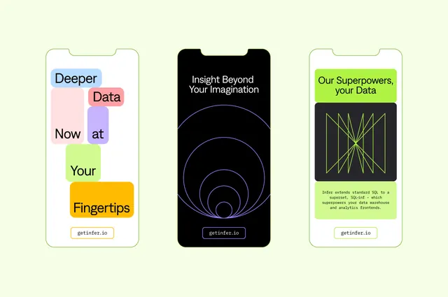 Infer mobile screens with color-block type and concentric line mark, geometric, flat, light