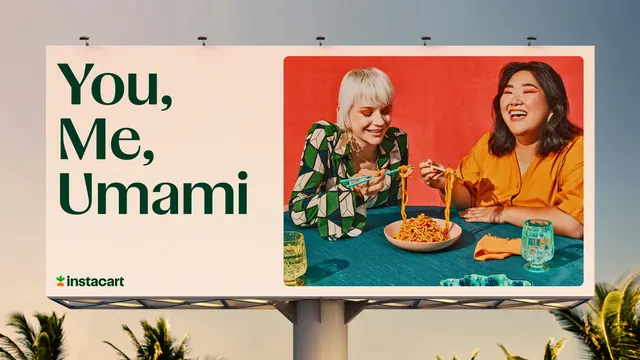 Instacart billboard with You, Me, Umami headline and studio food photography, photographic, editorial, warm