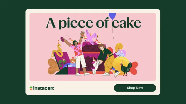 Instacart A piece of cake ad unit with party illustration, illustrated, playful, vibrant