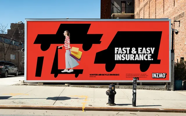 Inzmo red street billboard with oversized black scooter glyph, brutalist, photographic, vibrant