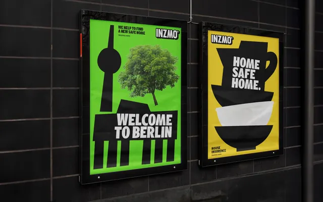 Inzmo poster pair in lightboxes with cut-out photo and black glyphs, brutalist, geometric, vibrant