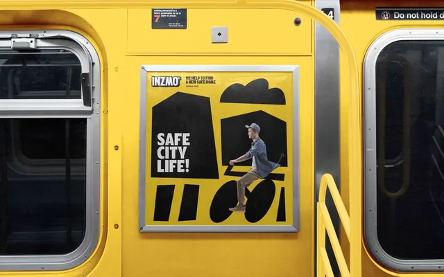 Inzmo subway car poster with cut-out cyclist on yellow, brutalist, geometric, vibrant