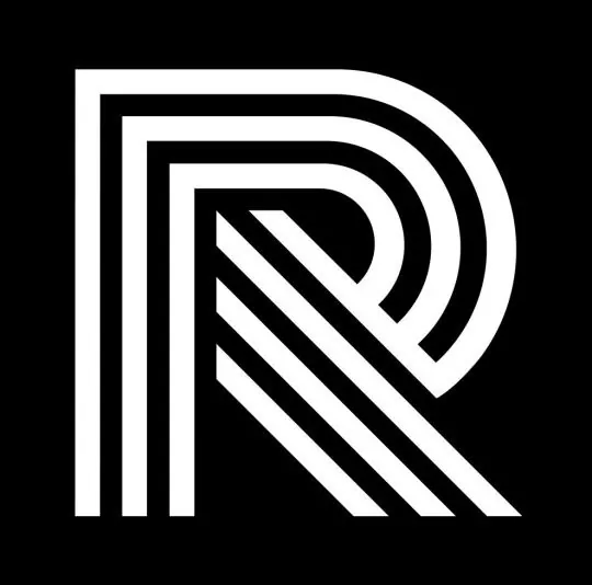 Striped monogram R with concentric frames, geometric, monochrome, monochrome