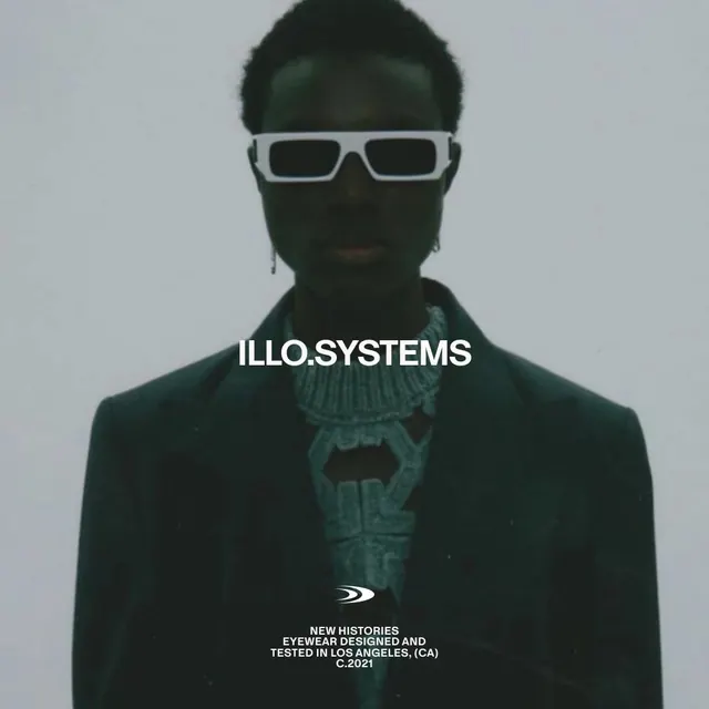 Eyewear brand identity with photo portrait, minimal, modern, dark