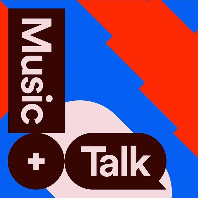 Music + Talk logo with bold geometric shapes, geometric, playful, vibrant