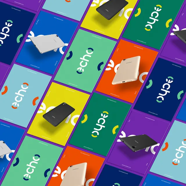 Echo smartphones identity system brand grid, neo-brutalist, geometric, vibrant