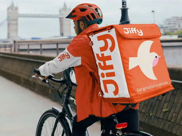 Jiffy courier uniform and delivery backpack, photographic, flat, vibrant