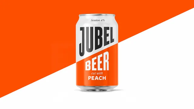 Jubel peach beer can on diagonal split field, minimal, geometric, vibrant