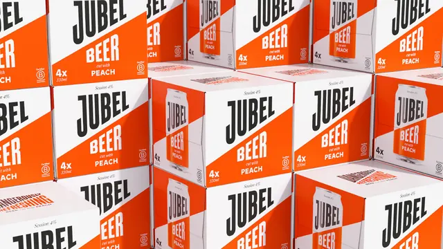 Jubel four-pack cartons stacked, 3d-render, geometric, vibrant