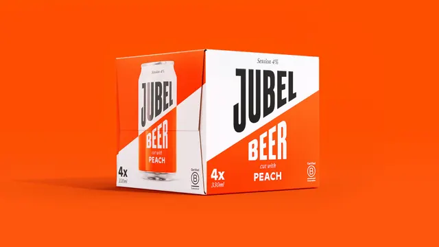 Jubel four-pack carton on orange, minimal, geometric, vibrant