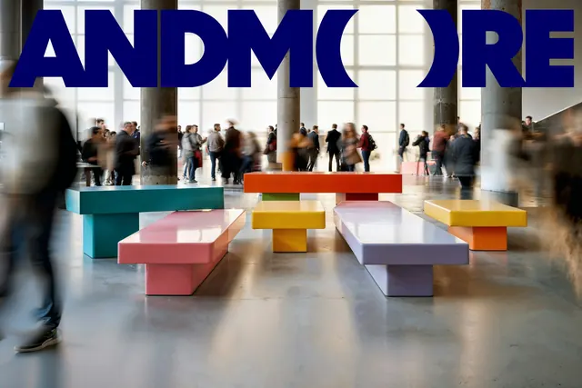 ANDMORE identity over colorful benches, swiss, minimal, vibrant