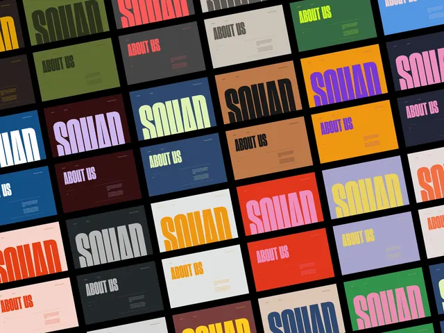 SQUAD brand color tile grid, neo-brutalist, swiss, vibrant
