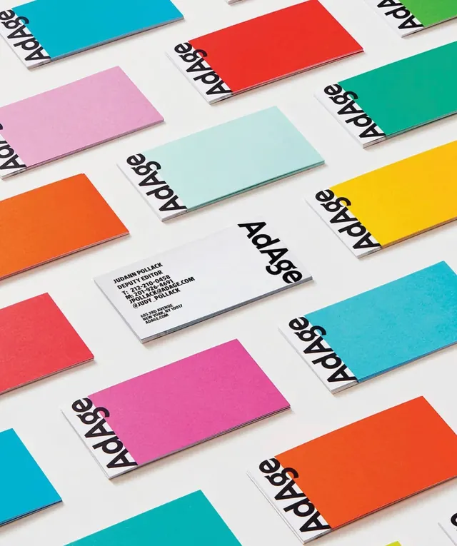 AdAge rainbow business card grid, minimal, flat, vibrant