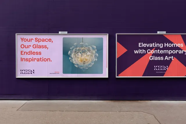 KEEN billboard pair on a purple hoarding, photographic, geometric, vibrant