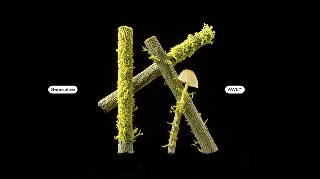 Kobase K built from lichen-covered branches, photographic, organic, dark