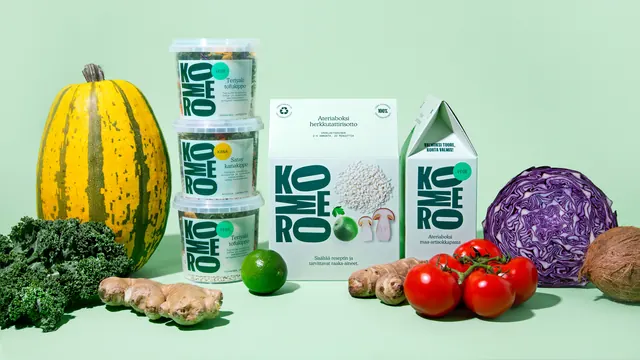 Komero ready-meal packaging family with fresh produce, minimal, photographic, light