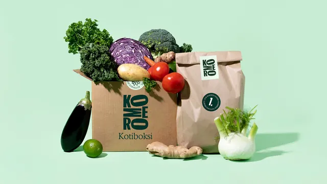 Komero kraft home box and paper bag with vegetables, minimal, photographic, light