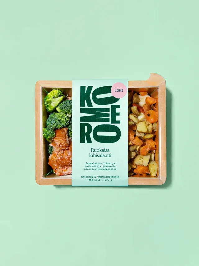 Komero salmon salad tray seen from above, minimal, photographic, light