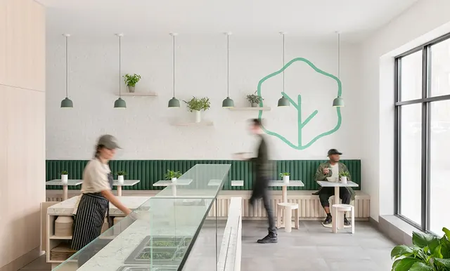 Liv Salad interior with oversized painted leaf mark, minimal, organic, light