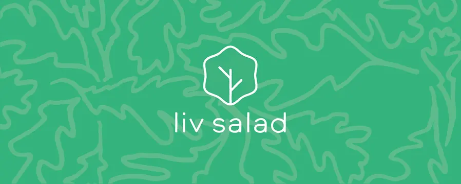 Liv Salad lockup on a tonal leaf-outline pattern, minimal, organic, vibrant