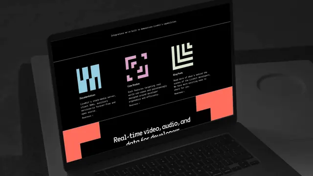 LiveKit site on a laptop with block icon set, dark-mode, technical, dark