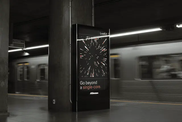 LiveKit single-core transit poster, dark-mode, cinematic, dark