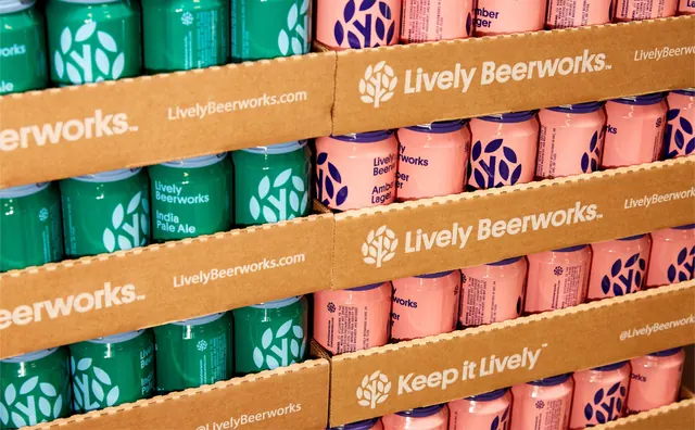 Lively Beerworks retail can display, minimal, flat, vibrant