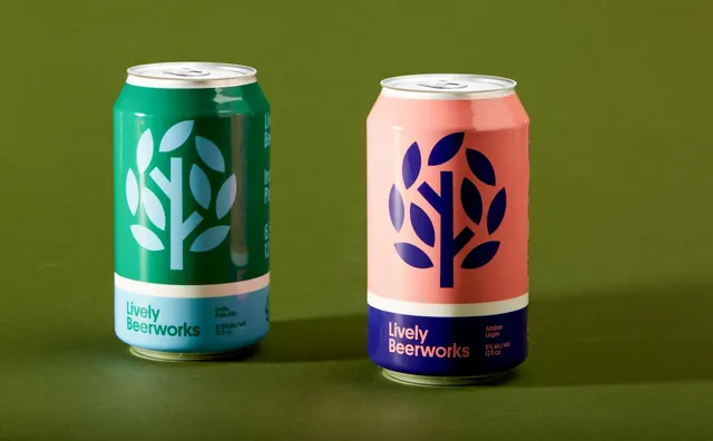 Lively Beerworks IPA and Amber Lager cans, minimal, flat, vibrant