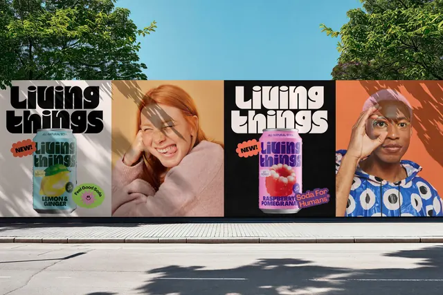 Living Things four-panel billboard hoarding, playful, photographic, vibrant