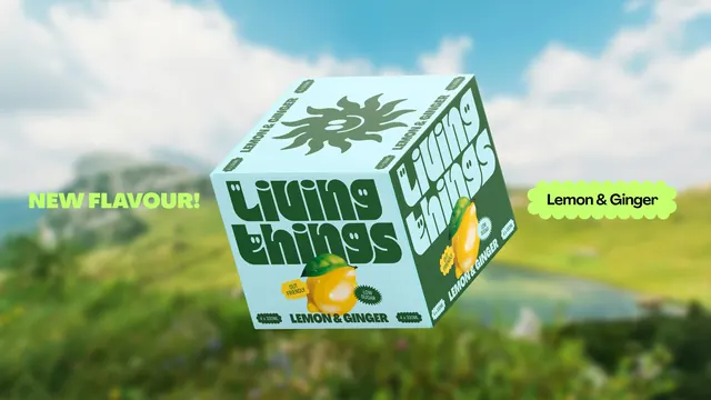Living Things multipack floating over a valley, playful, photographic, cool
