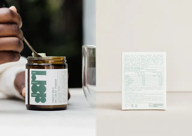 Love Beauty Foods amber jar and carton back panel, minimal, swiss, light