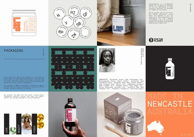 Love Beauty Foods identity system grid board, swiss, minimal, light