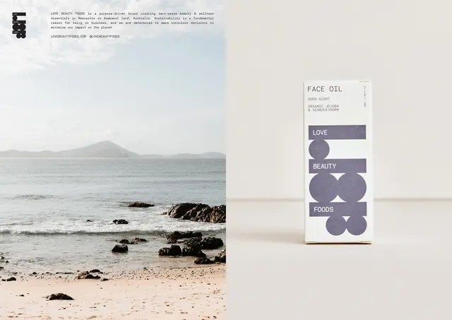 Love Beauty Foods face oil carton with coastal panel, minimal, swiss, light