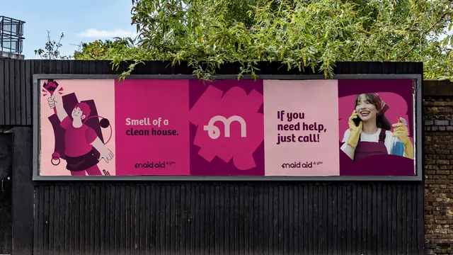 Maid Aid five panel billboard mockup, illustrated, playful, vibrant