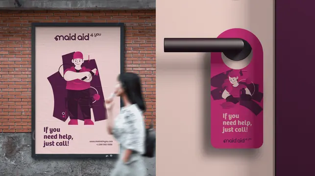 Maid Aid street poster and door hanger mockup, illustrated, playful, vibrant