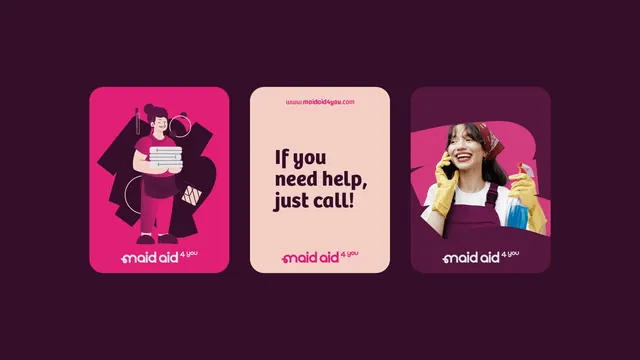 Maid Aid three card set on plum, illustrated, playful, vibrant