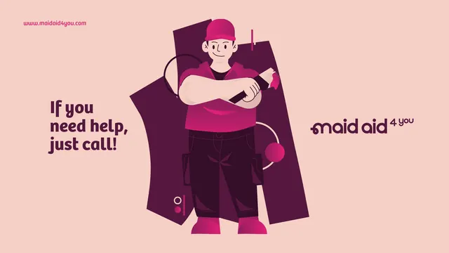 Maid Aid horizontal key visual with cleaner character, illustrated, flat, warm