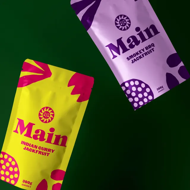 Main jackfruit pouches on deep green, playful, illustrated, vibrant