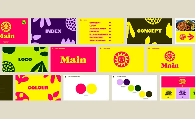 Main brand guidelines slide grid, playful, illustrated, vibrant