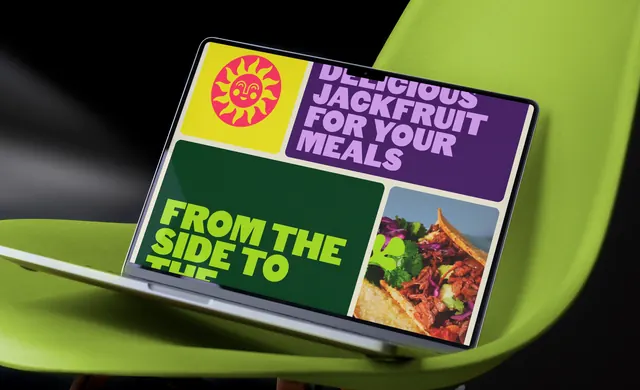 Main website bento grid on a laptop, photographic, geometric, vibrant