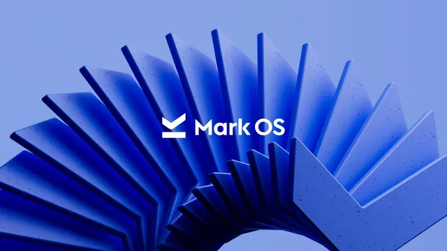 Mark OS logo lockup over fanned blue 3D blades, 3d-render, minimal, cool