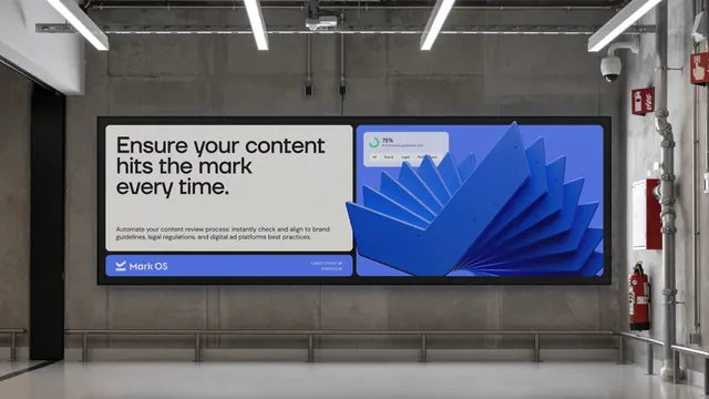 Mark OS wide billboard with 3D fan render, corporate-clean, minimal, cool