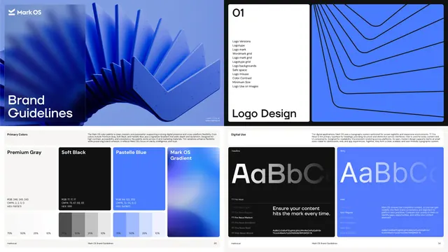 Mark OS brand guidelines colour and type pages, corporate-clean, minimal, cool