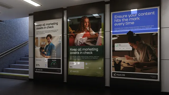 Mark OS digital signage in a stairwell, photographic, corporate-clean, dark